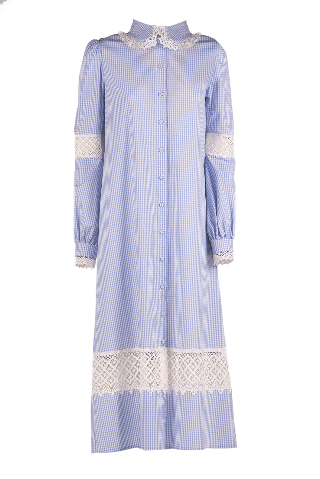 Abito camicia in cotone vichy con pizzo