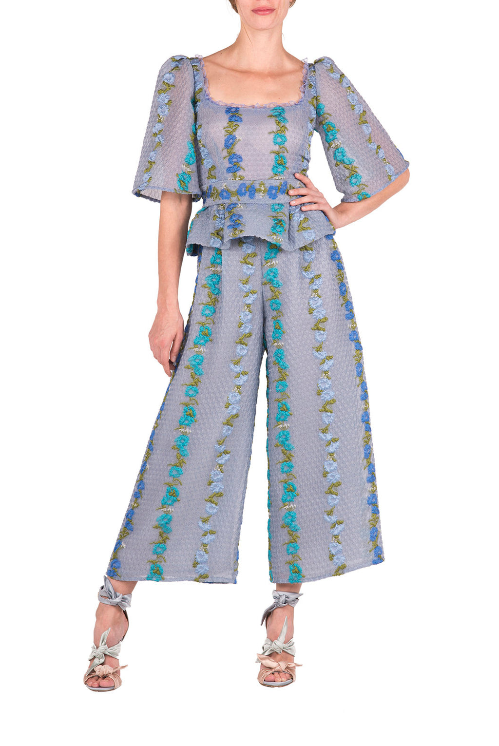 Pantaloni a vita alta in organza fil coupé floreale a righe