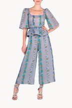Pantaloni a vita alta in organza fil coupé floreale a righe