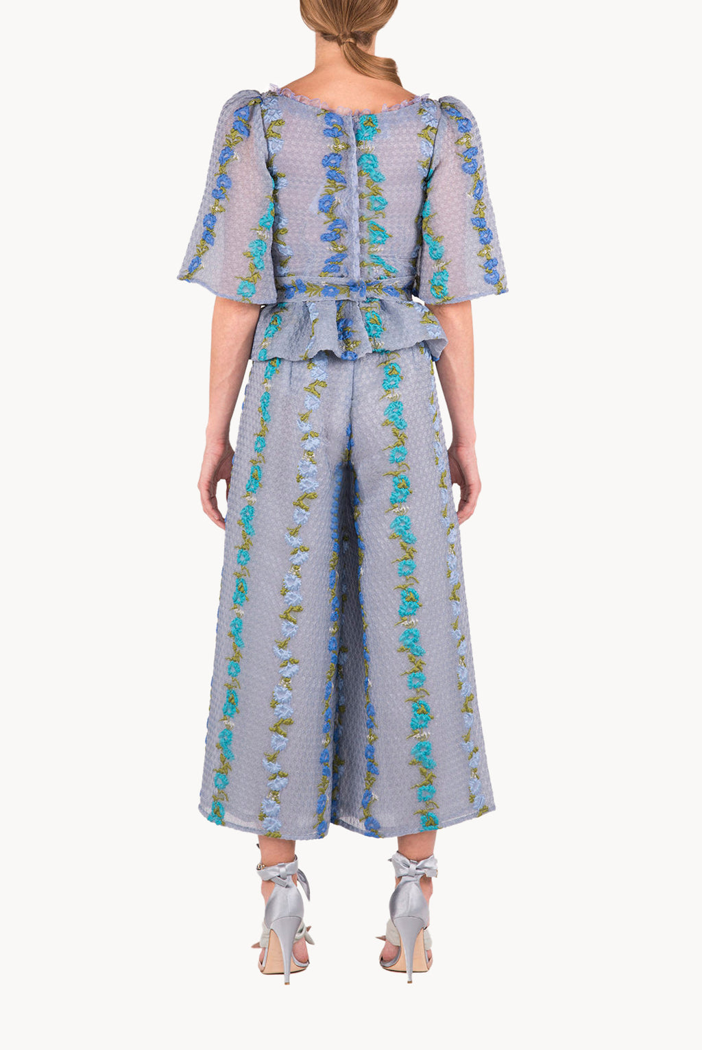 Pantaloni a vita alta in organza fil coupé floreale a righe