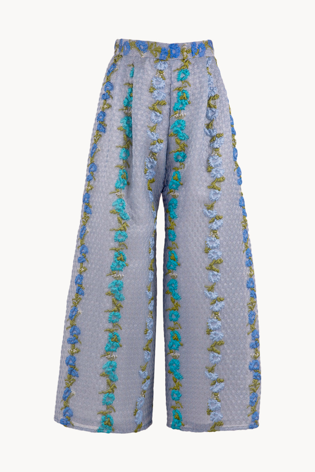 Pantaloni a vita alta in organza fil coupé floreale a righe