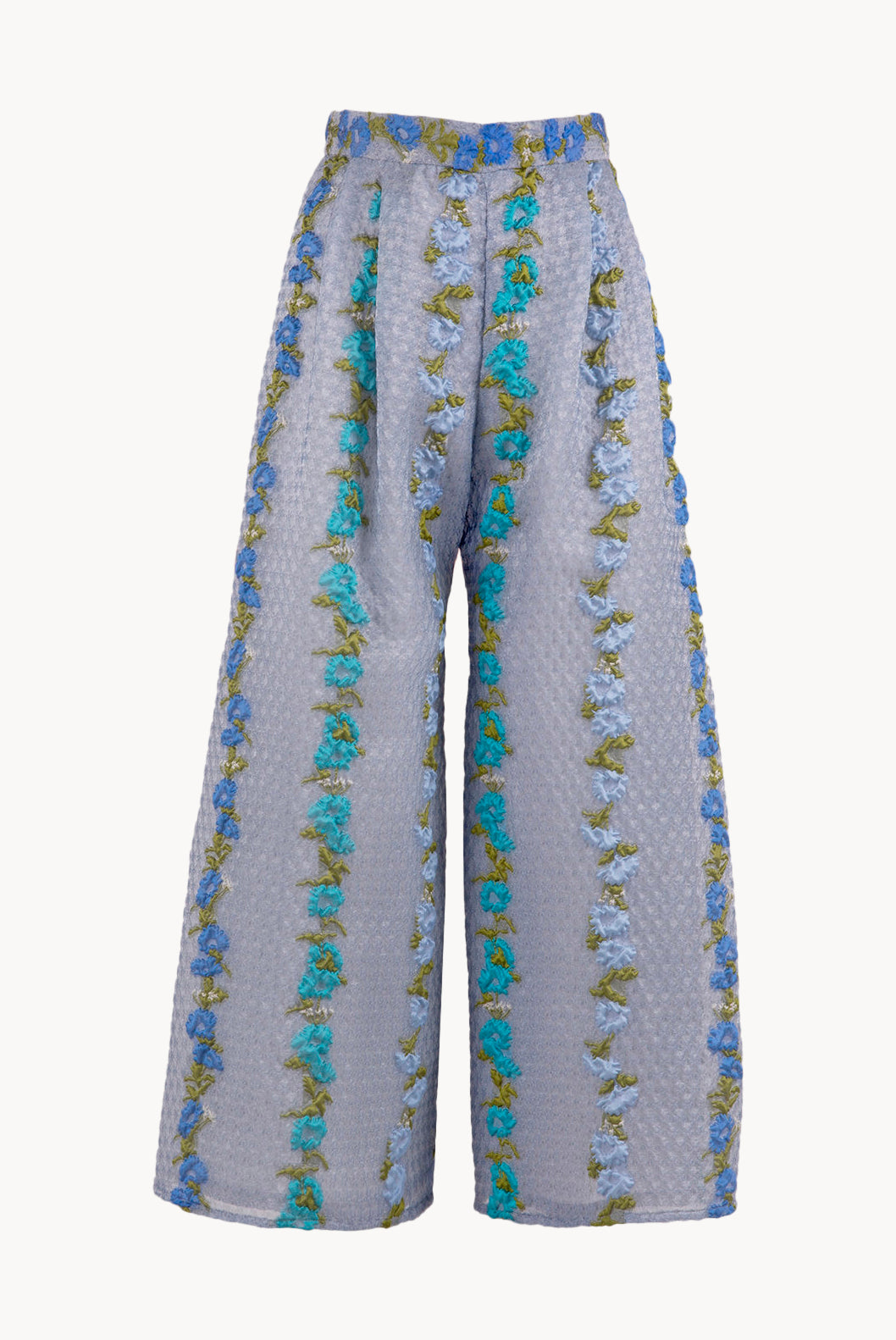 Pantaloni a vita alta in organza fil coupé floreale a righe