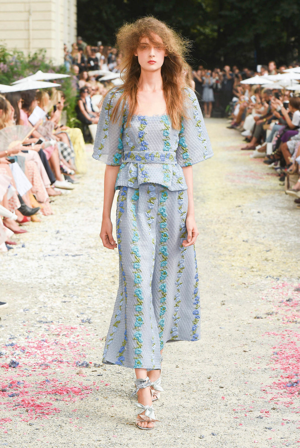Pantaloni a vita alta in organza fil coupé floreale a righe