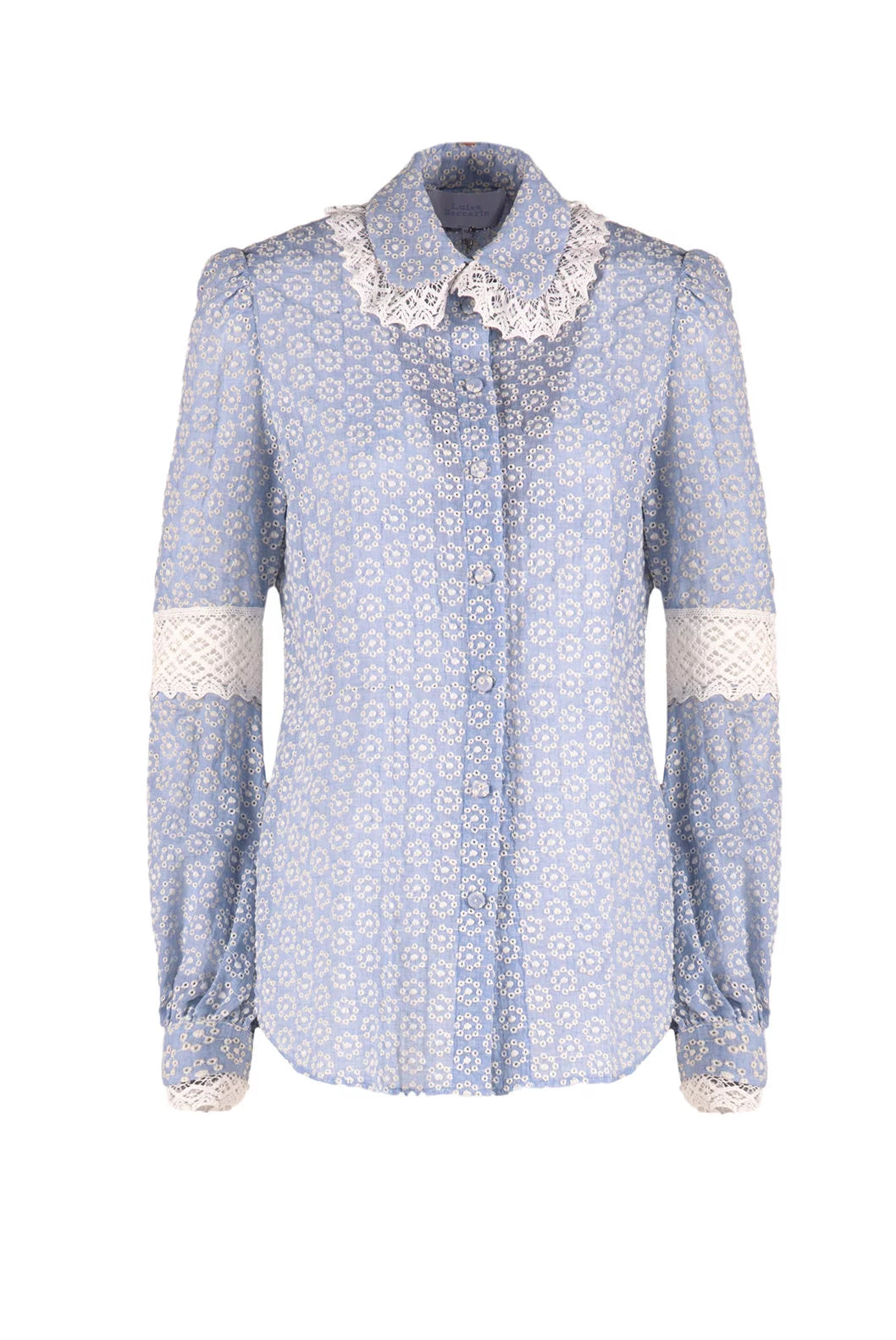 Blusa in cotone con occhielli e pizzi