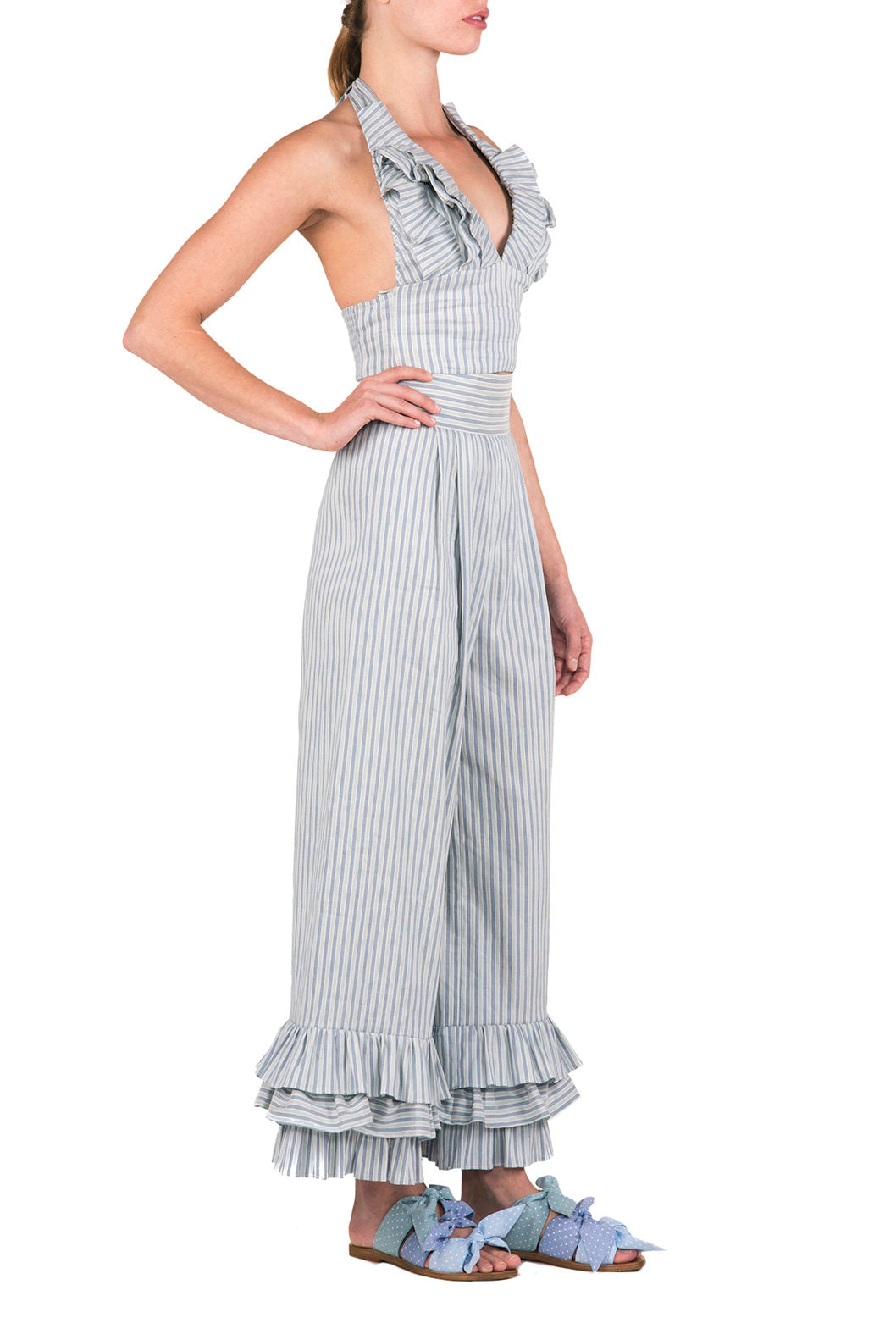 Top halter in misto cotone e lino elasticizzato con scollo a V