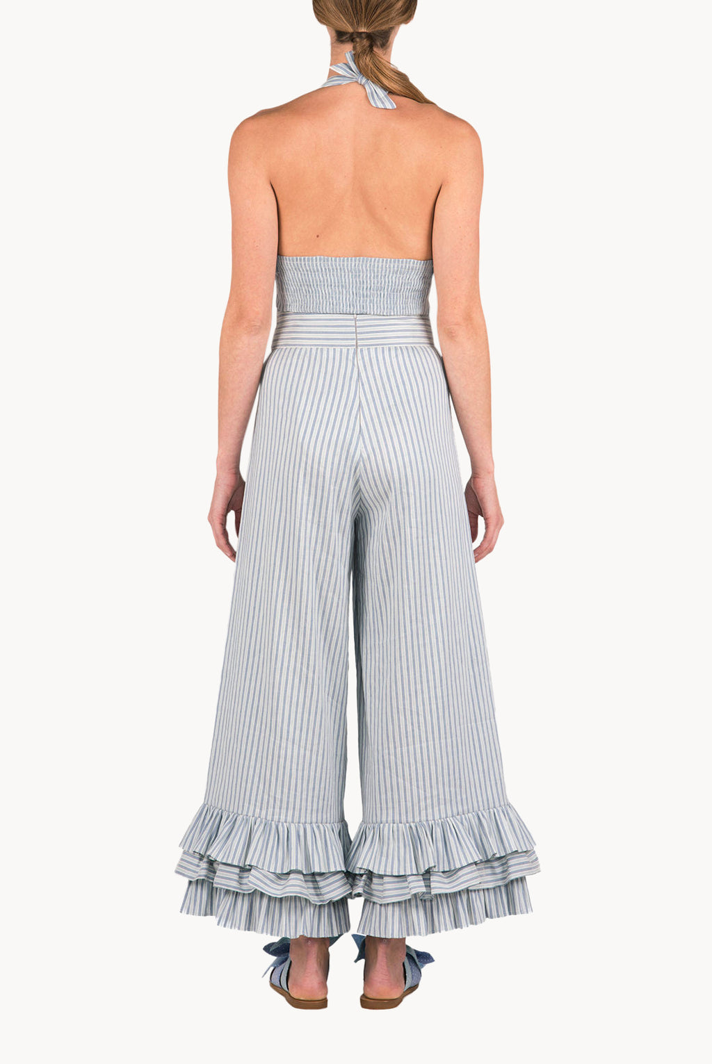 Top halter in misto cotone e lino elasticizzato con scollo a V