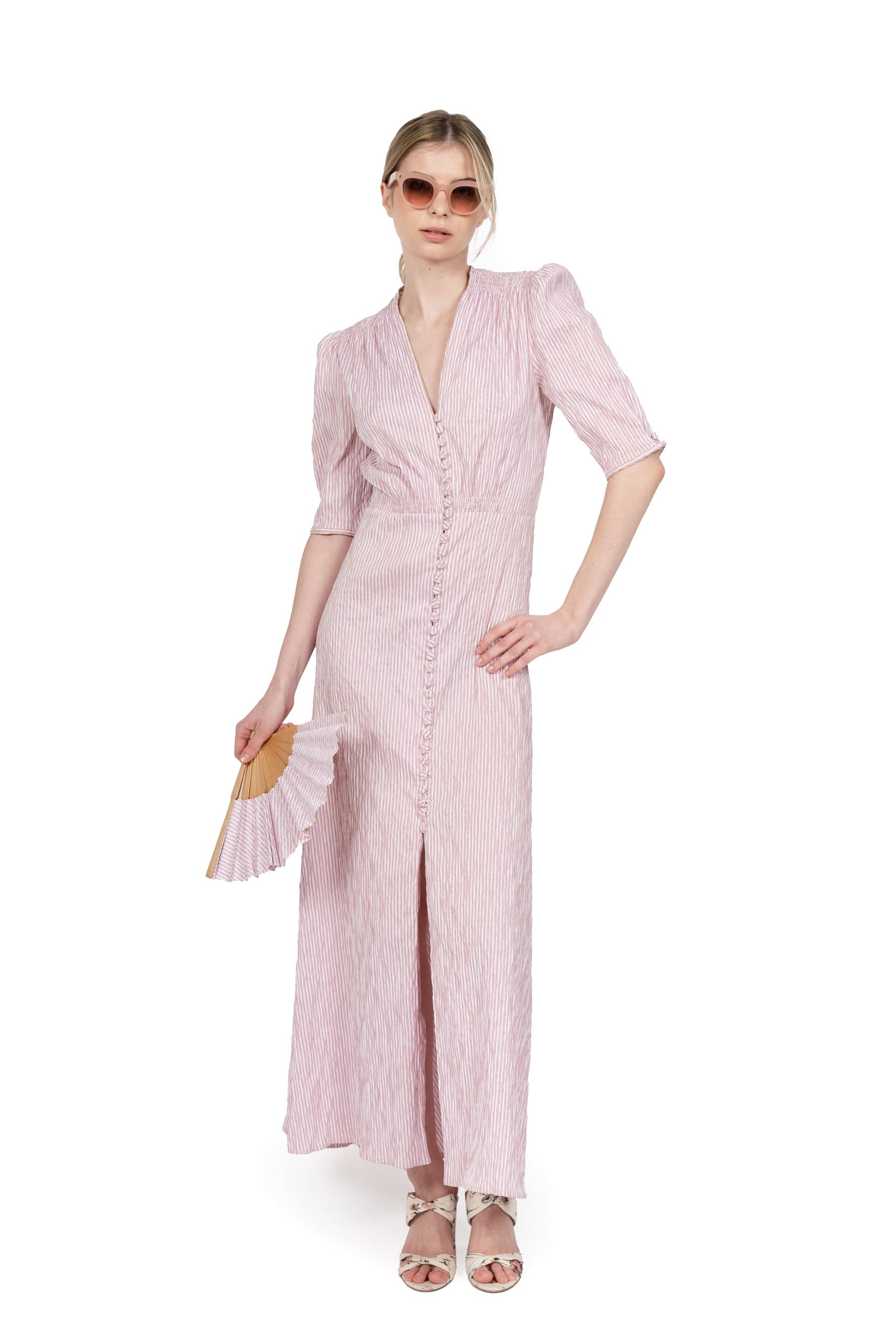 Abito bottoncino in cotone elasticizzato a righe rosa