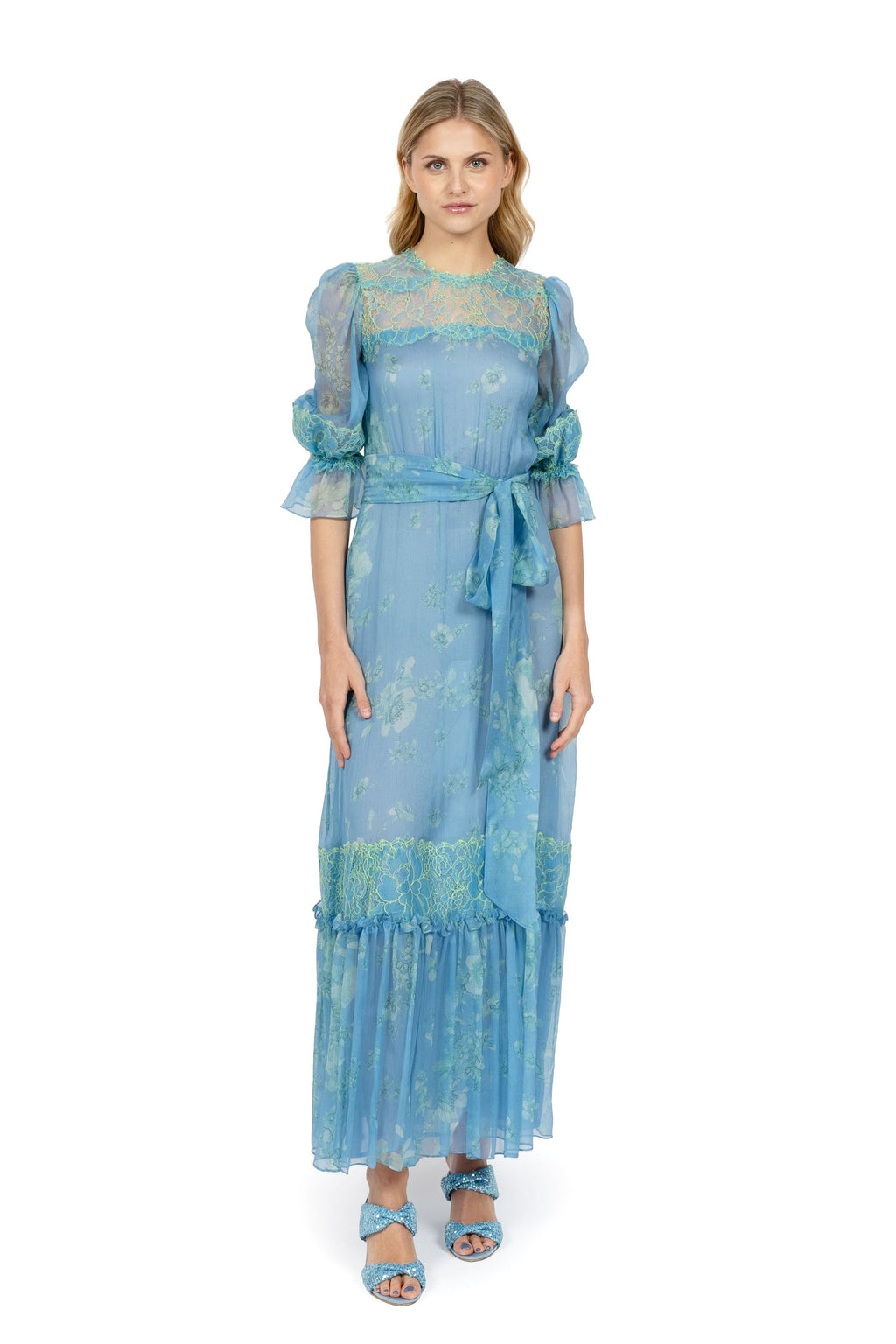 Abito in chiffon di seta con pizzo decorato