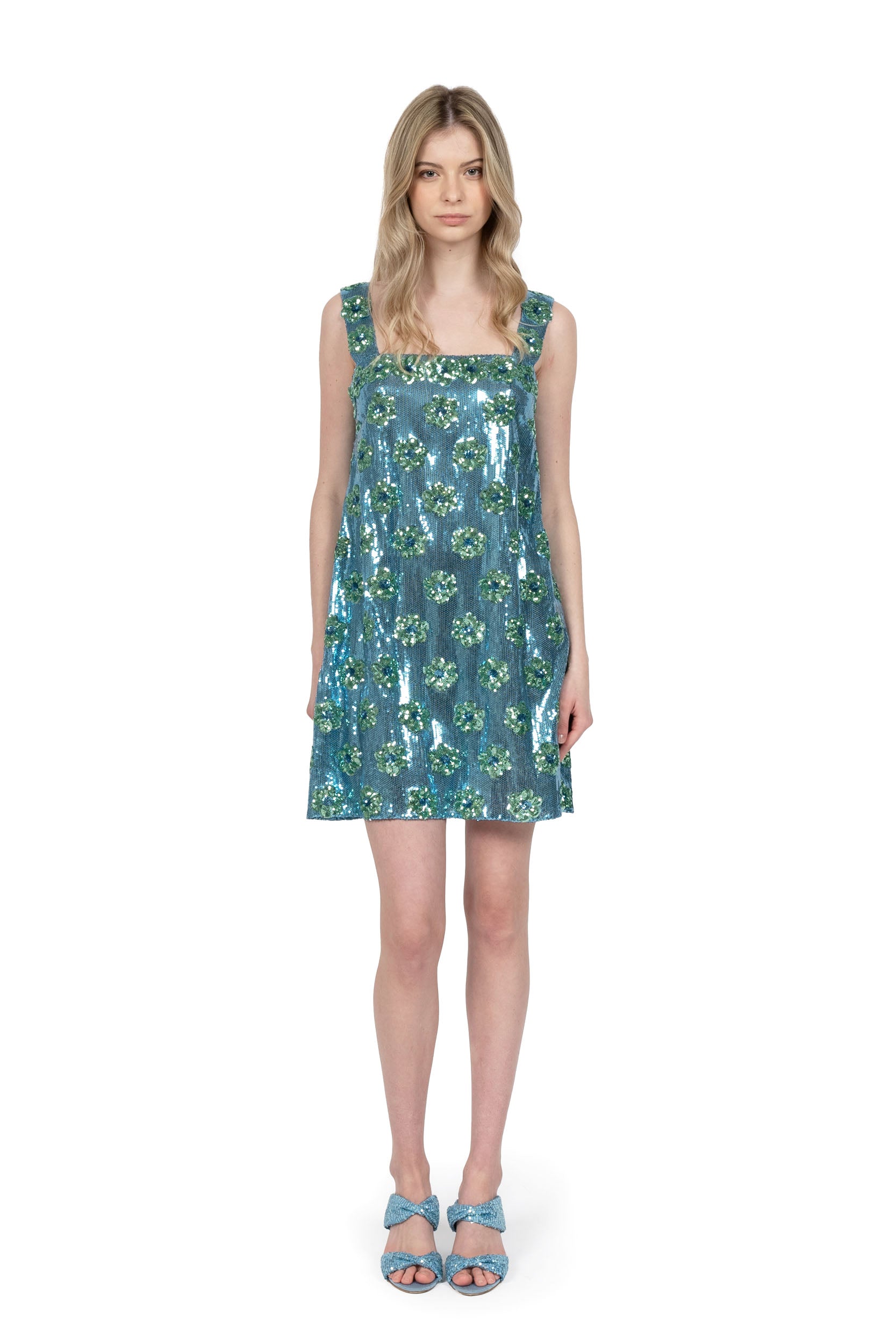 Mini abito con paillettes a margherina blu