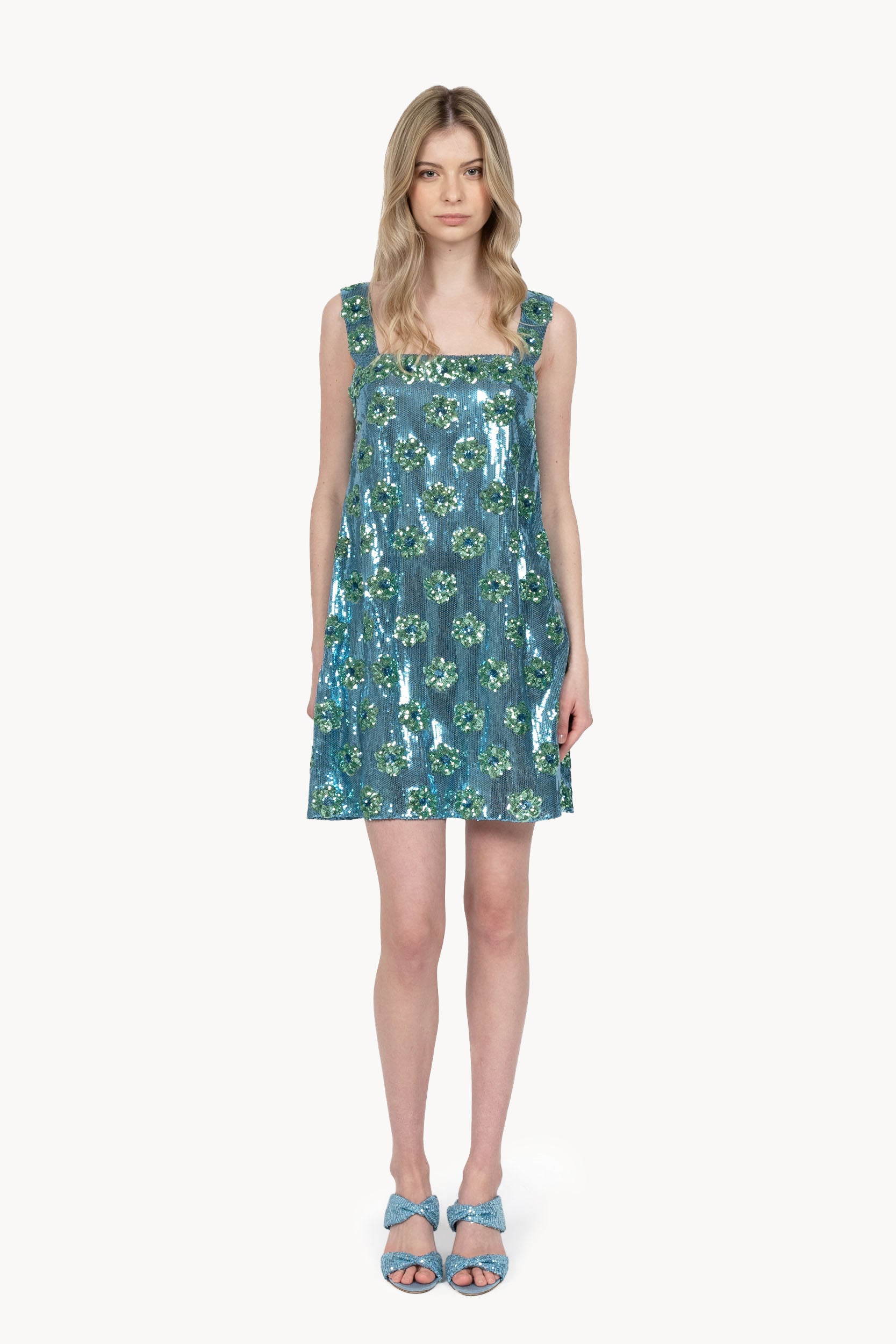Mini abito con paillettes a margherina blu