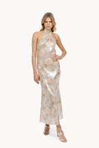Cross-over dress printed sequins
