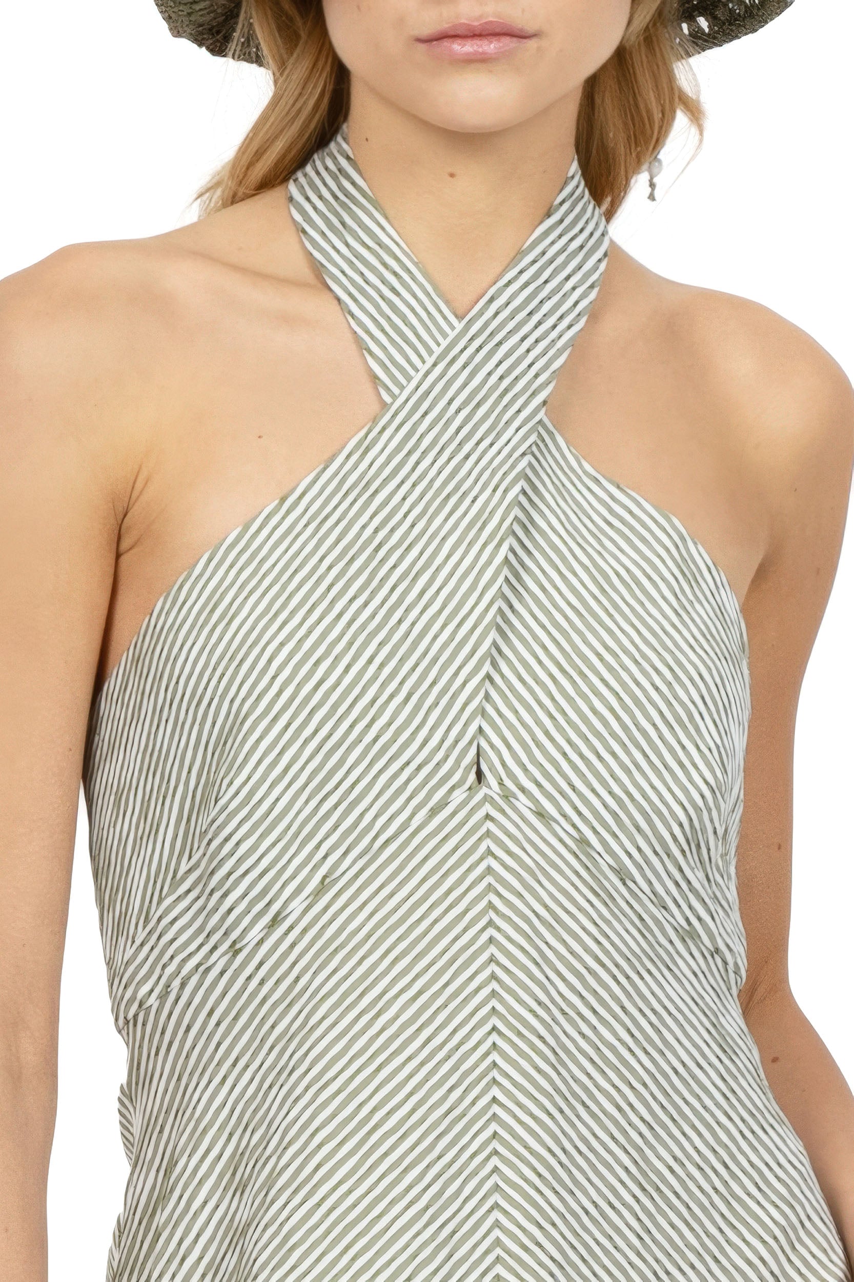 Abito halter in cotone elasticizzato a righe verdi