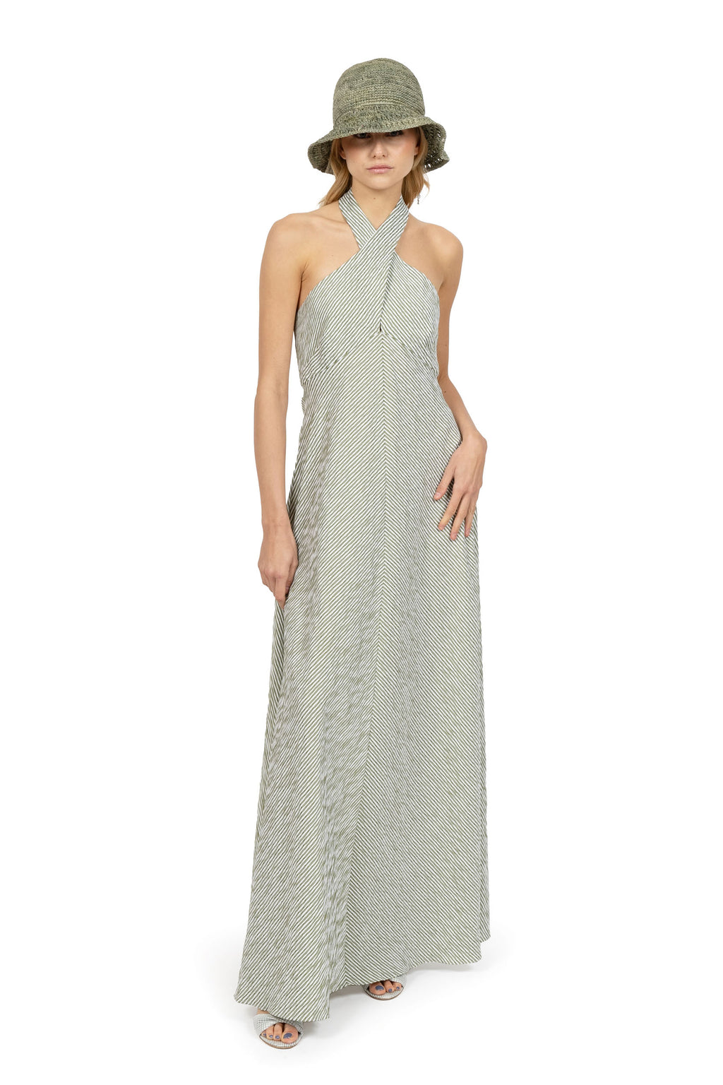 Abito halter in cotone elasticizzato a righe verdi