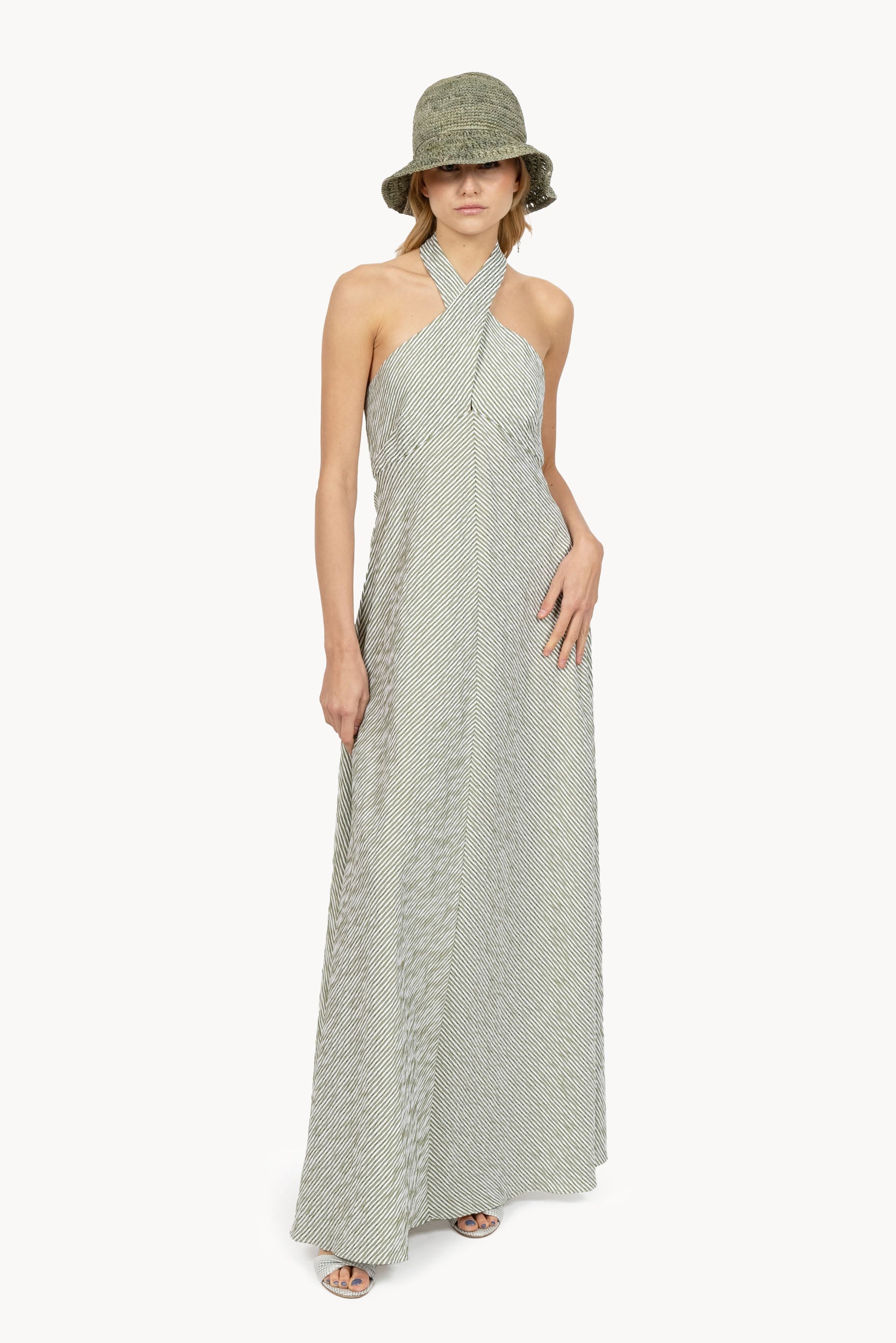 Abito halter in cotone elasticizzato a righe verdi