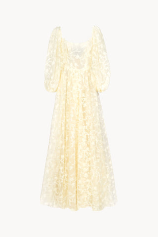 Wide dress with embroidered tulle