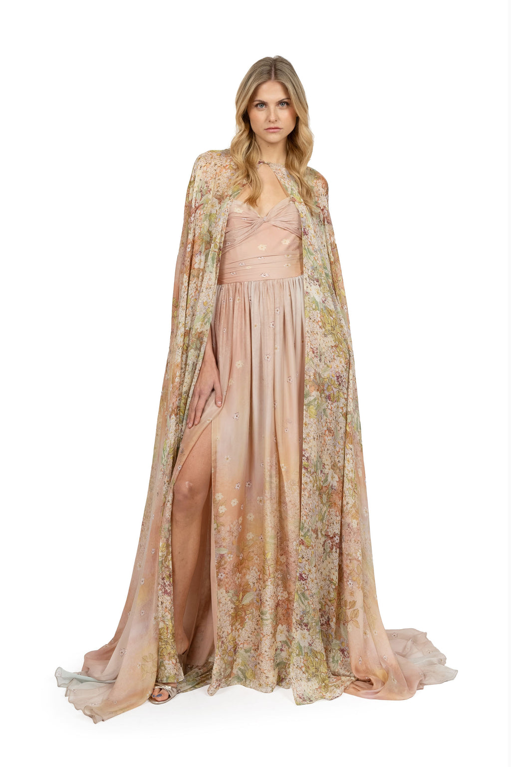 Draped printed dress in smooth chiffon.
