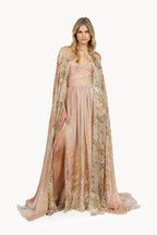 Draped printed dress in smooth chiffon.