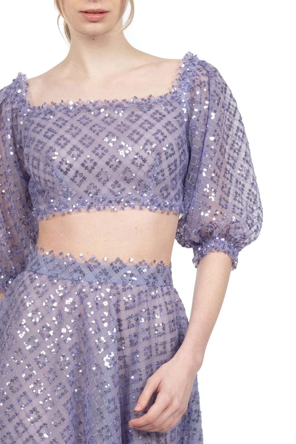 Top corto in tulle ricamato con gelsomino e paillettes