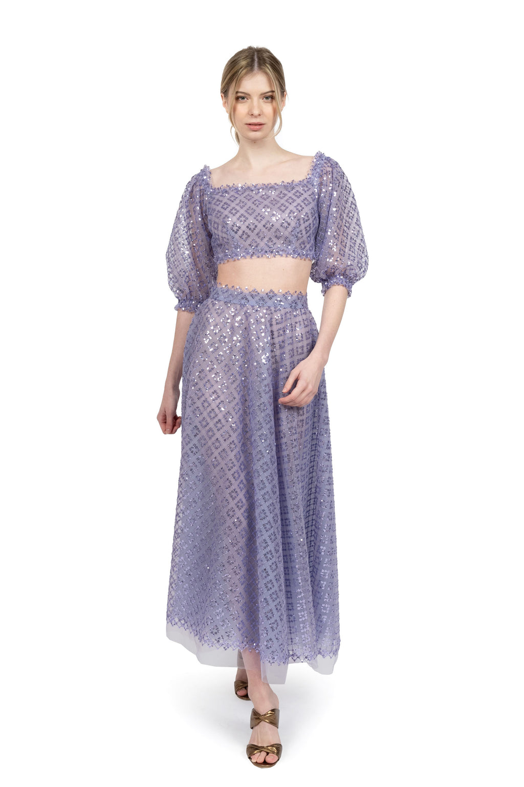 Top corto in tulle ricamato con gelsomino e paillettes