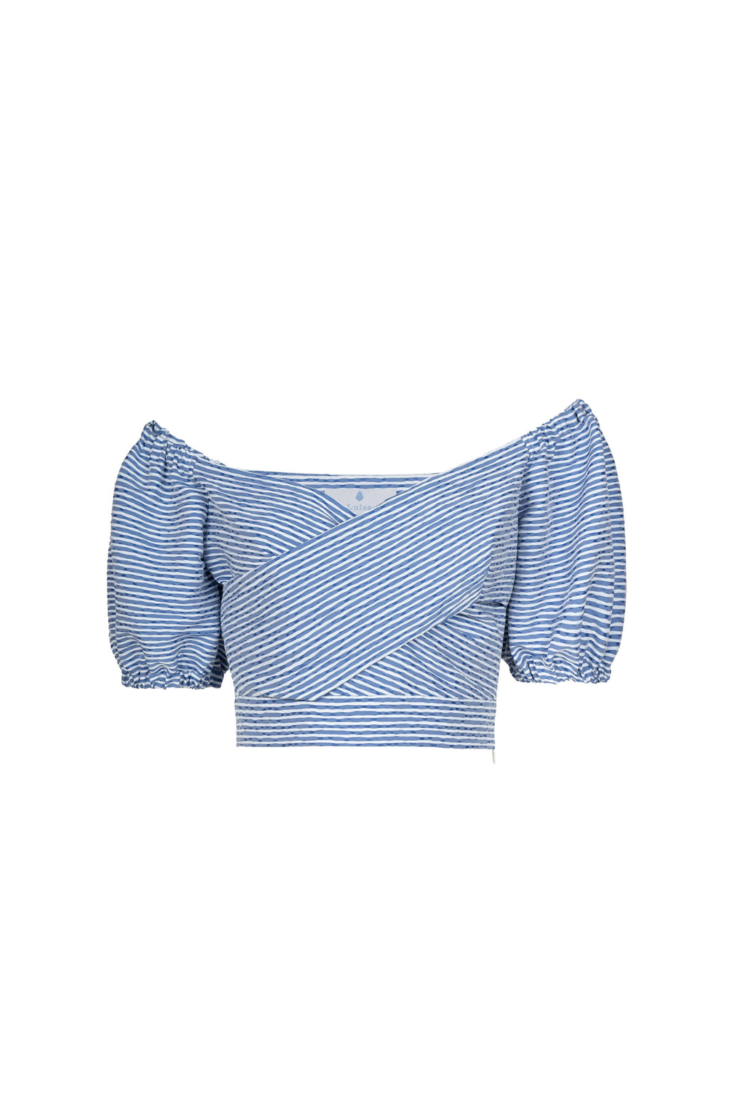 Top incrociato in cotone elasticizzato a righe blu