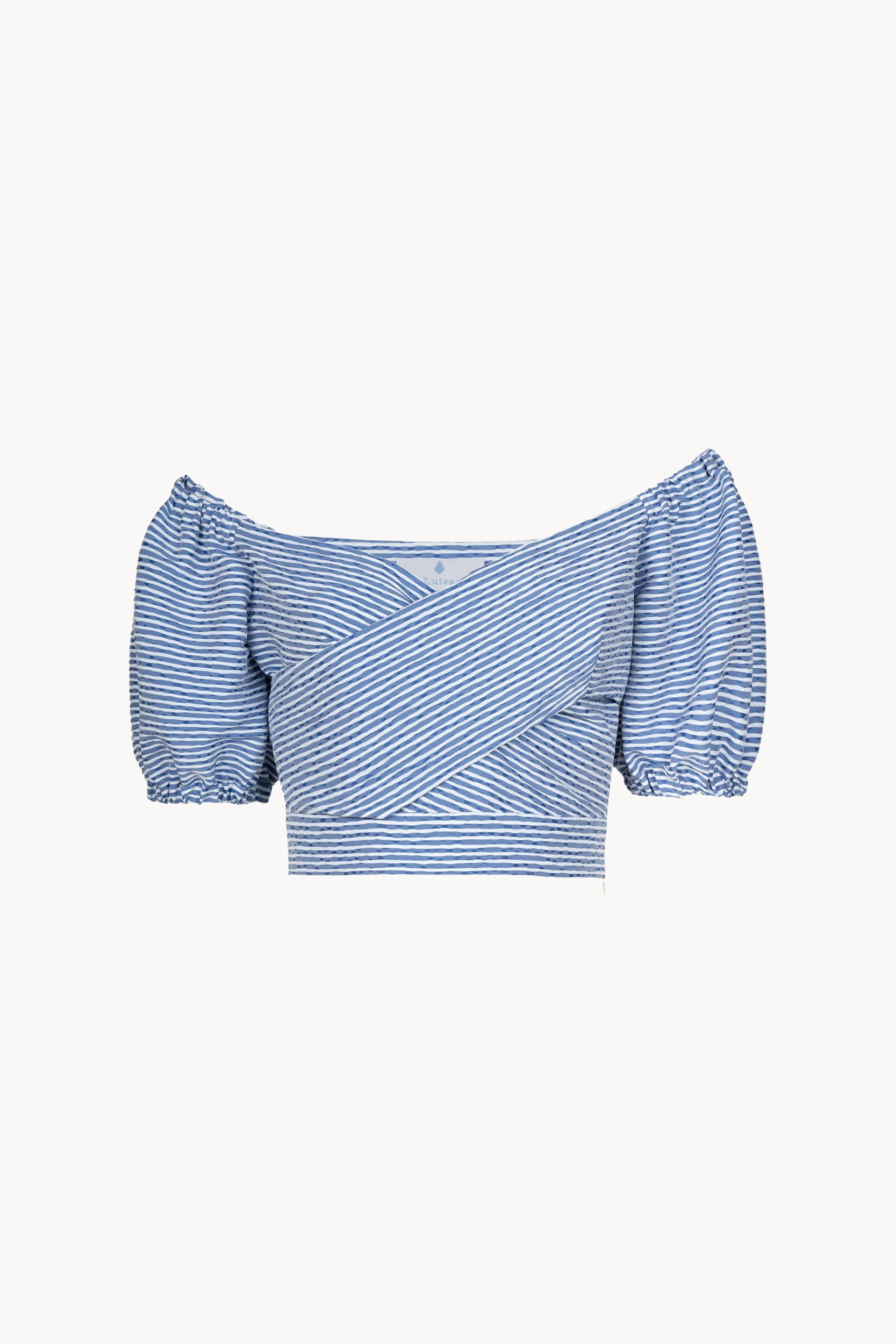 Top incrociato in cotone elasticizzato a righe blu