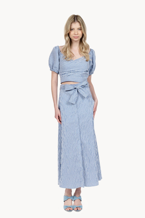 Top incrociato in cotone elasticizzato a righe blu