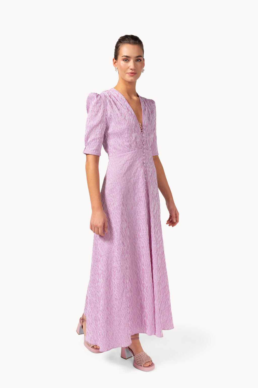 Cyclamen Striped Stretch Cotton Bottoncino Dress
