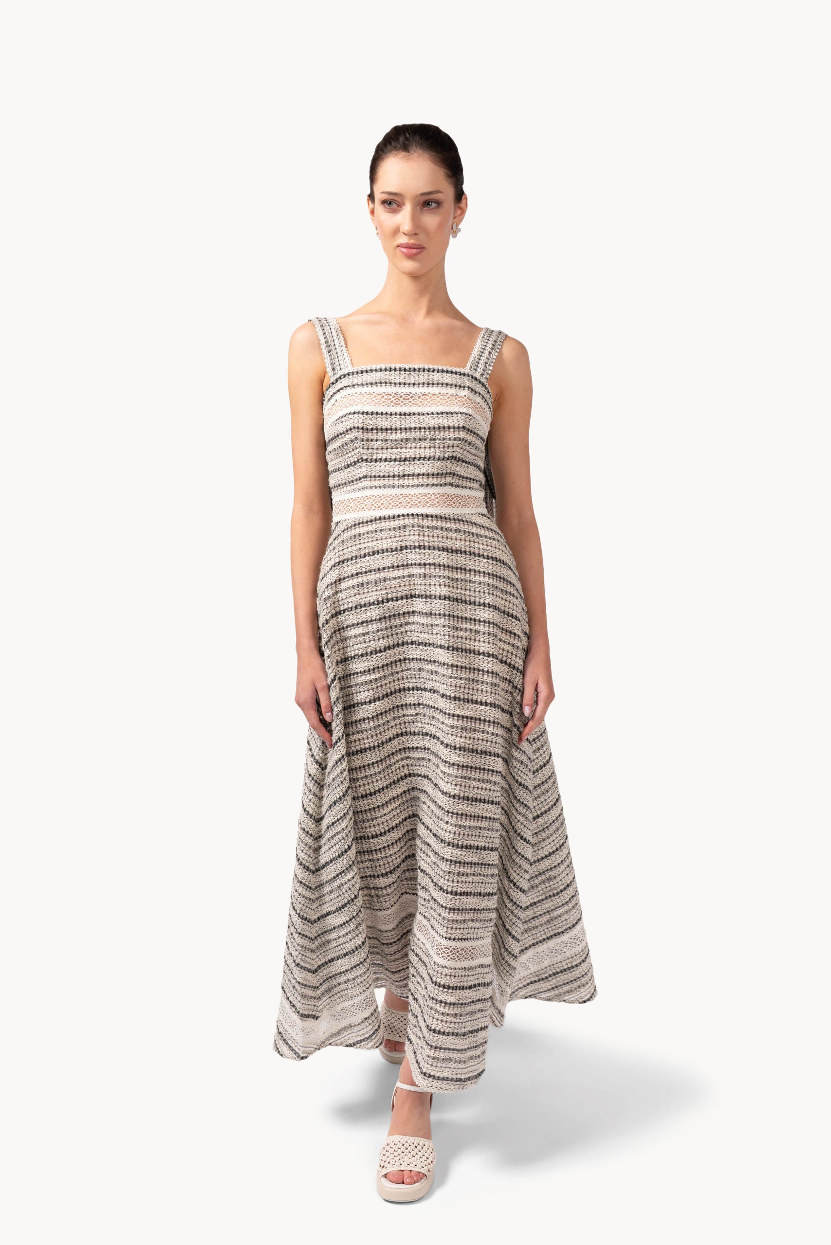 Abito in cotone jacquard con inserto in pizzo