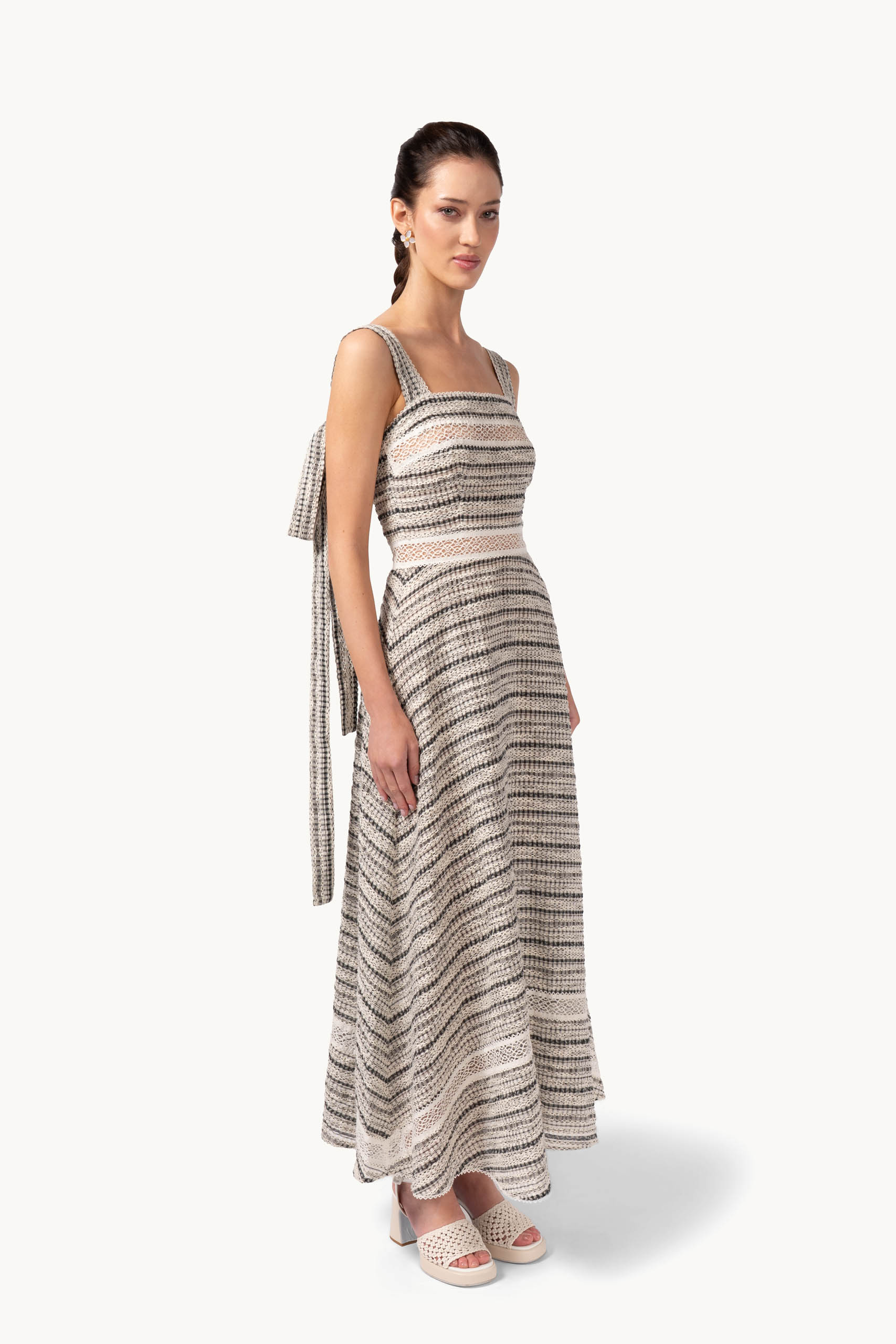 Abito in cotone jacquard con inserto in pizzo