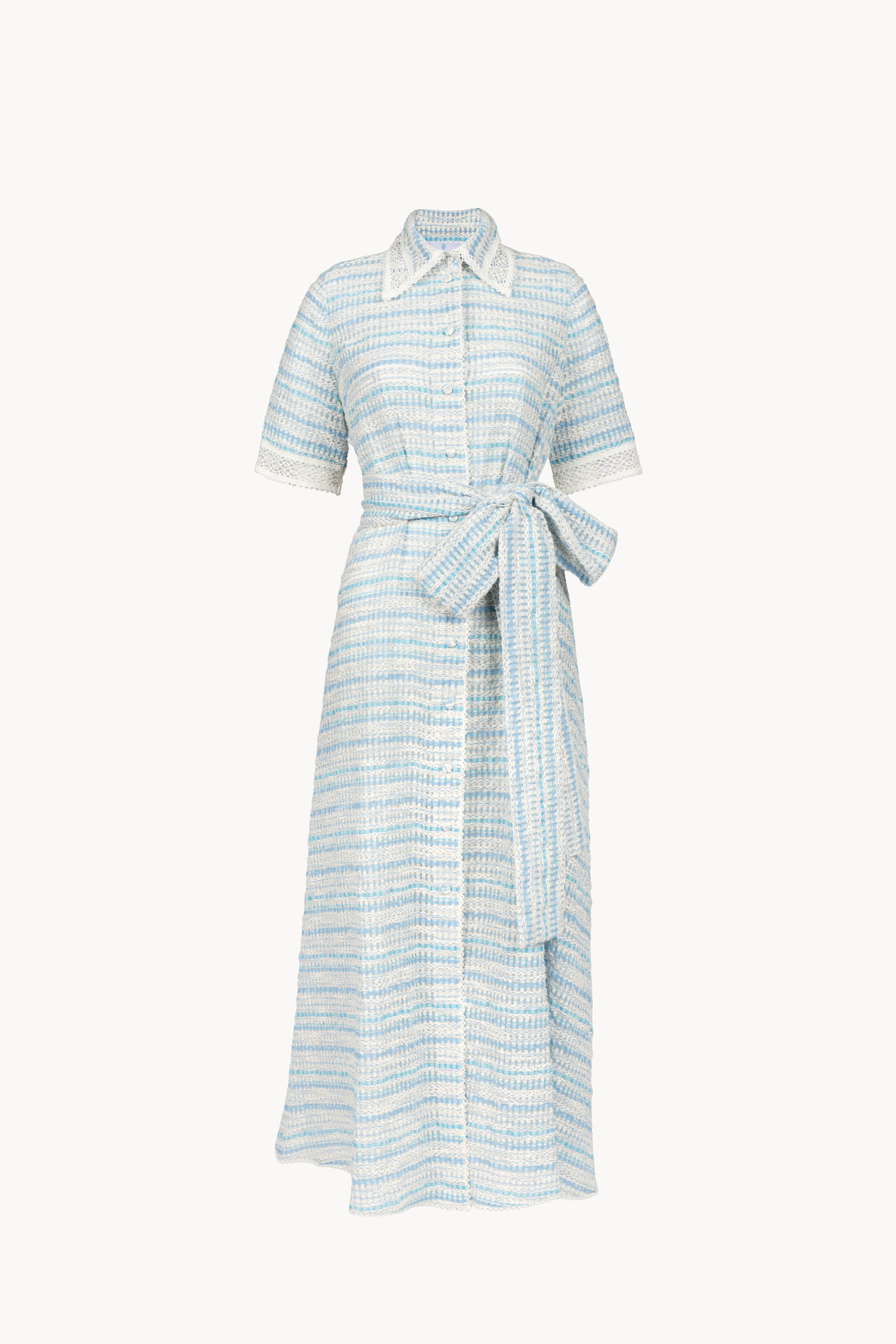 Abito in cotone jacquard e pizzo con cintura