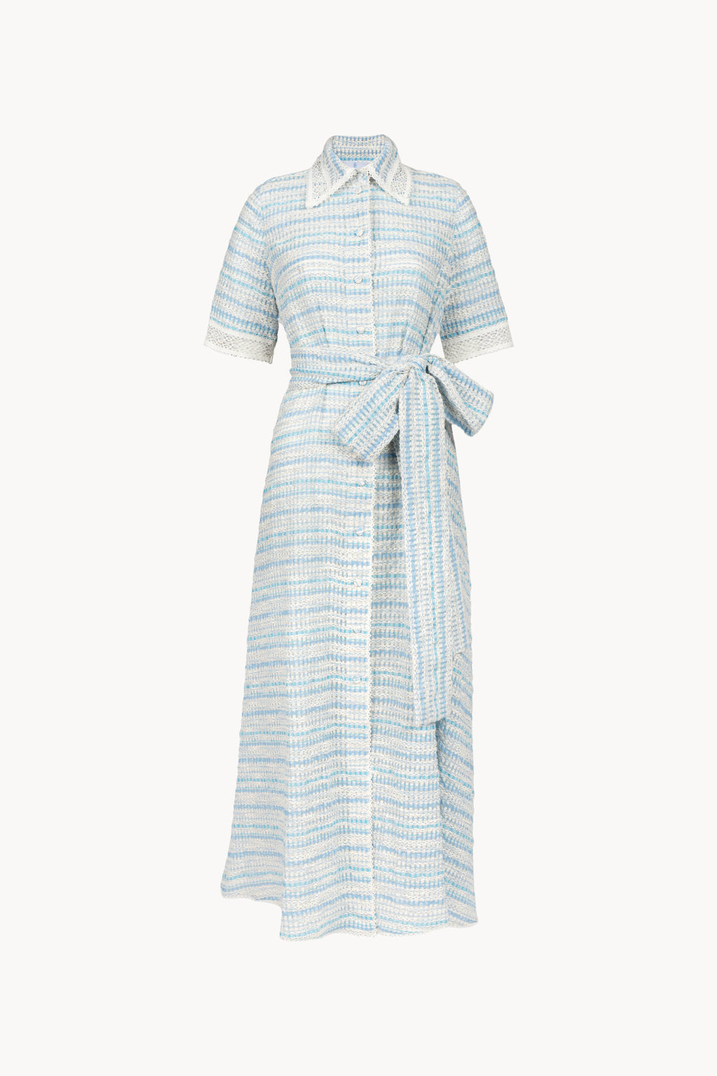 Abito in cotone jacquard e pizzo con cintura