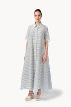 Abito in cotone jacquard e pizzo con cintura