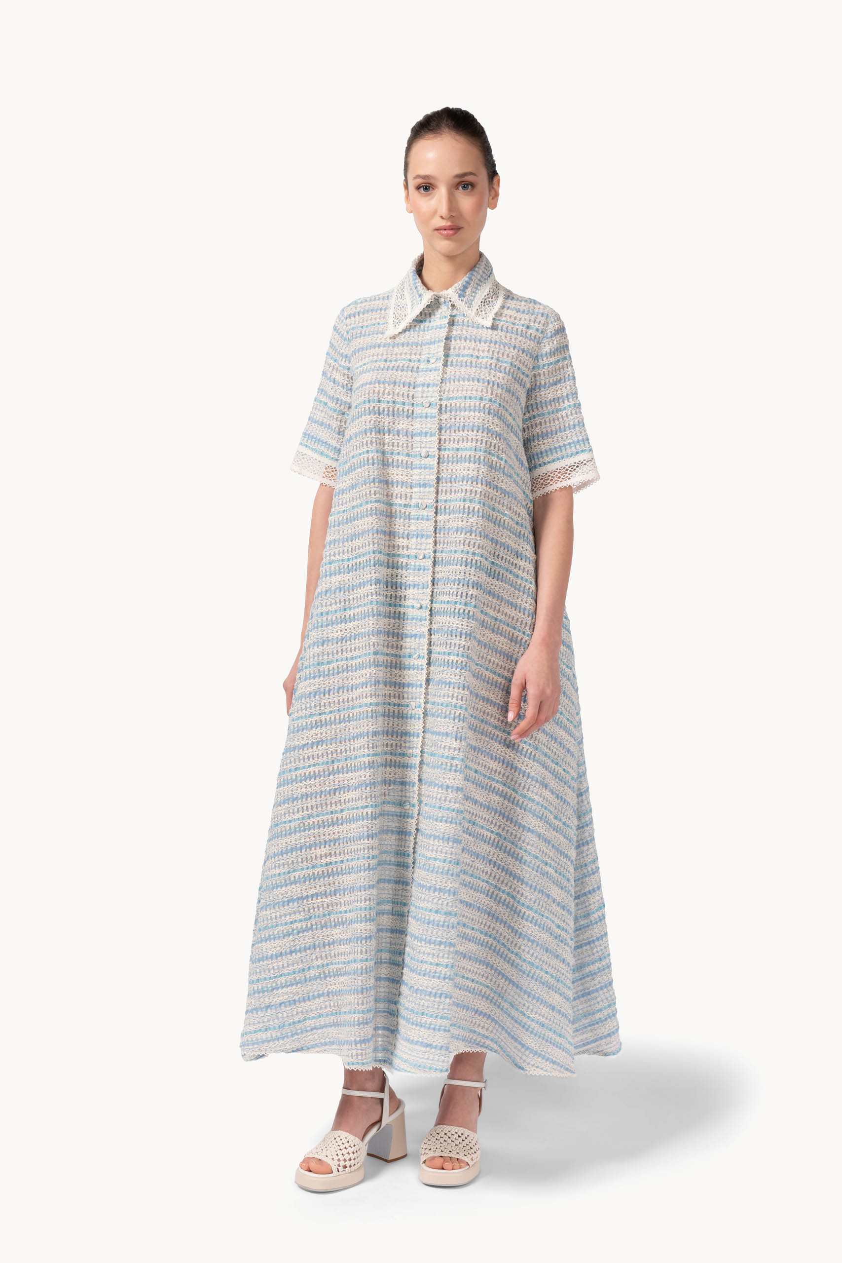 Abito in cotone jacquard e pizzo con cintura