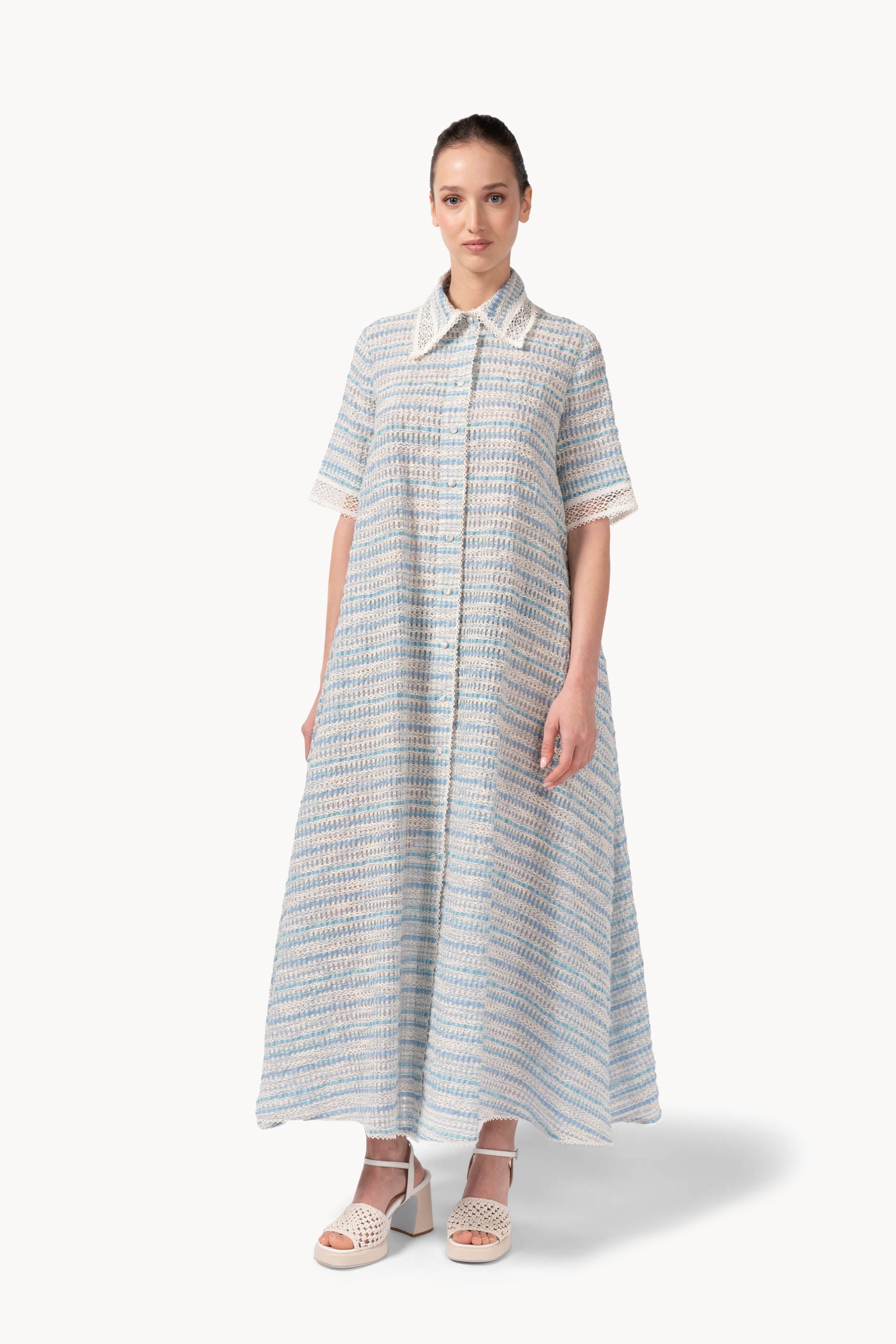 Abito in cotone jacquard e pizzo con cintura