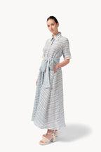 Abito in cotone jacquard e pizzo con cintura