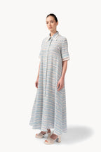 Abito in cotone jacquard e pizzo con cintura