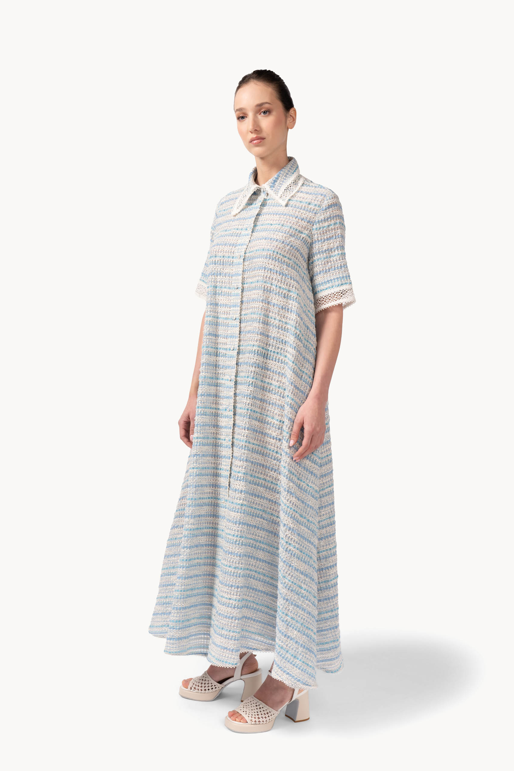 Abito in cotone jacquard e pizzo con cintura