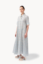 Abito in cotone jacquard e pizzo con cintura