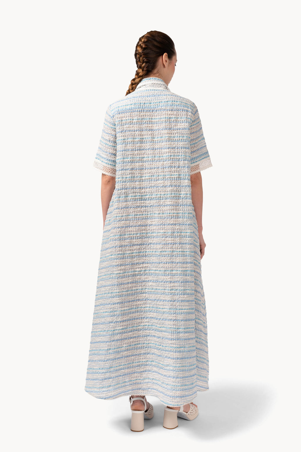 Abito in cotone jacquard e pizzo con cintura