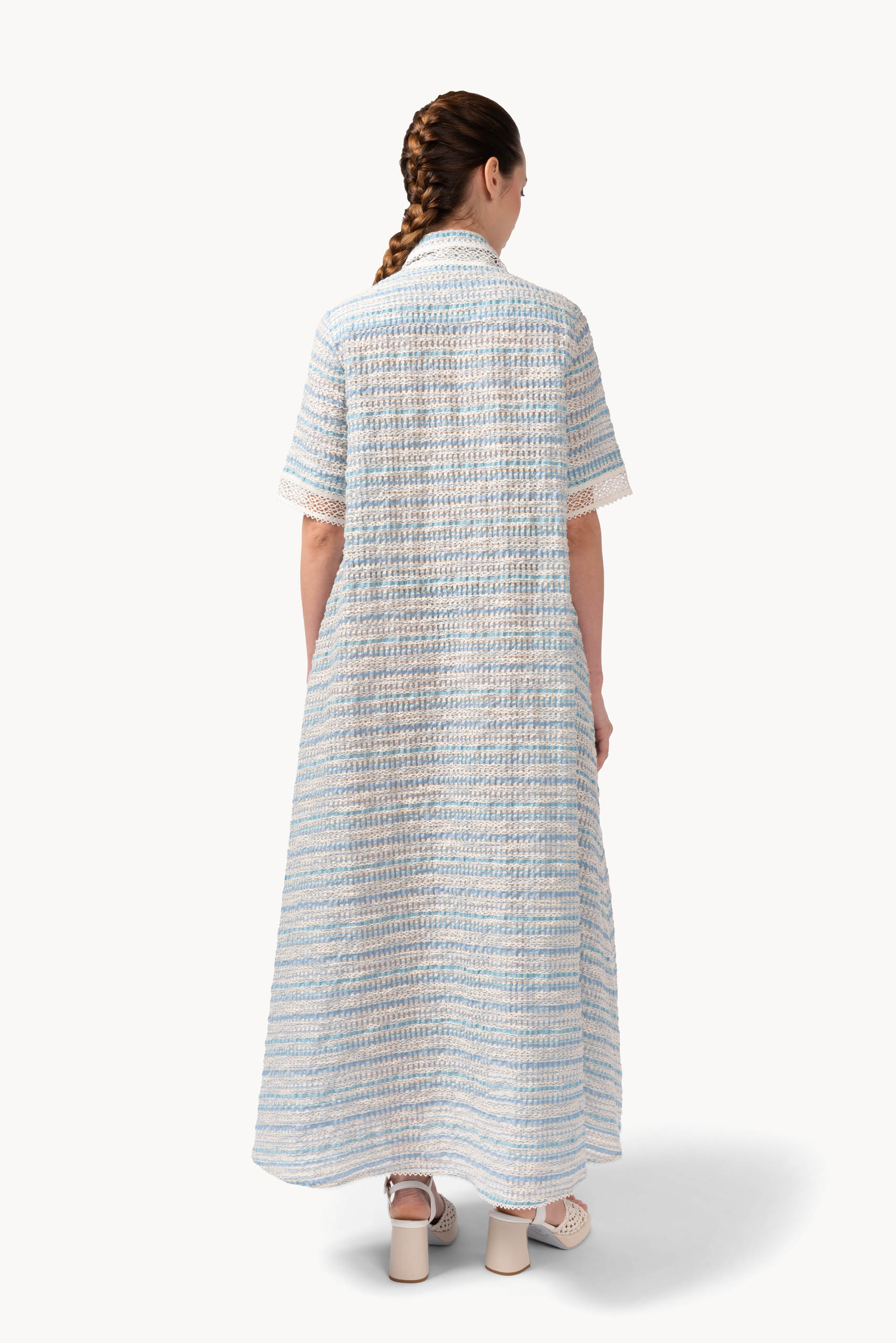 Abito in cotone jacquard e pizzo con cintura