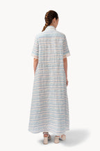 Abito in cotone jacquard e pizzo con cintura