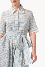 Abito in cotone jacquard e pizzo con cintura