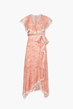 Abito avvolgente in chiffon stampato con rifiniture in pizzo