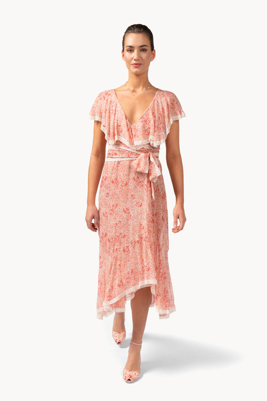 Abito avvolgente in chiffon stampato con rifiniture in pizzo