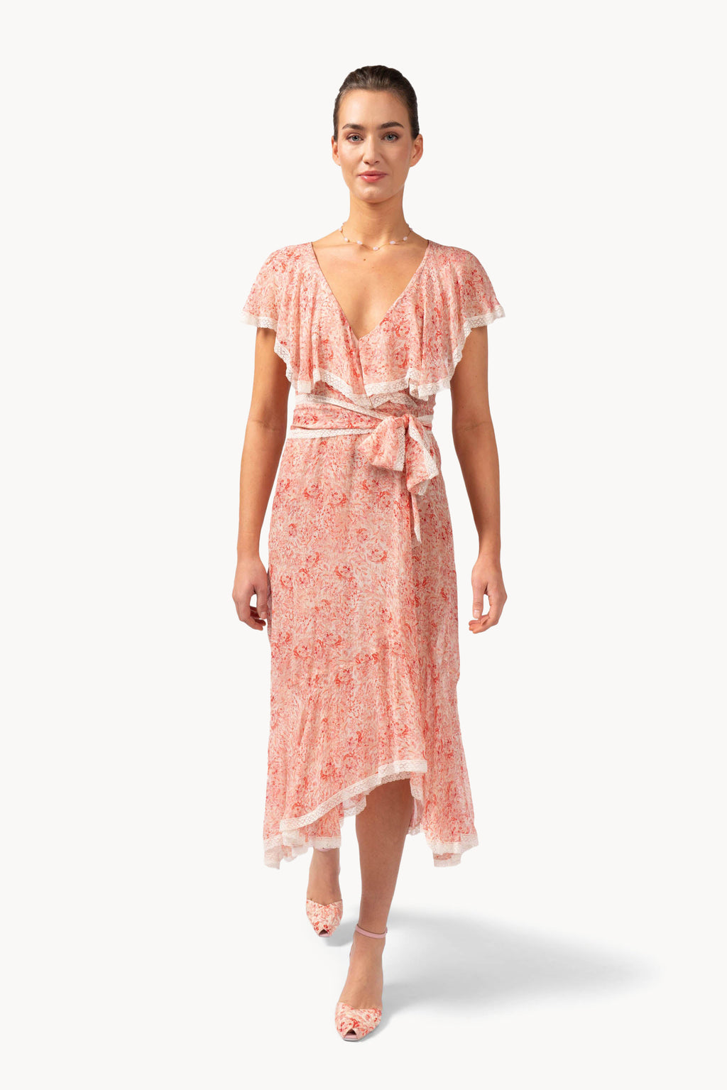 Abito avvolgente in chiffon stampato con rifiniture in pizzo