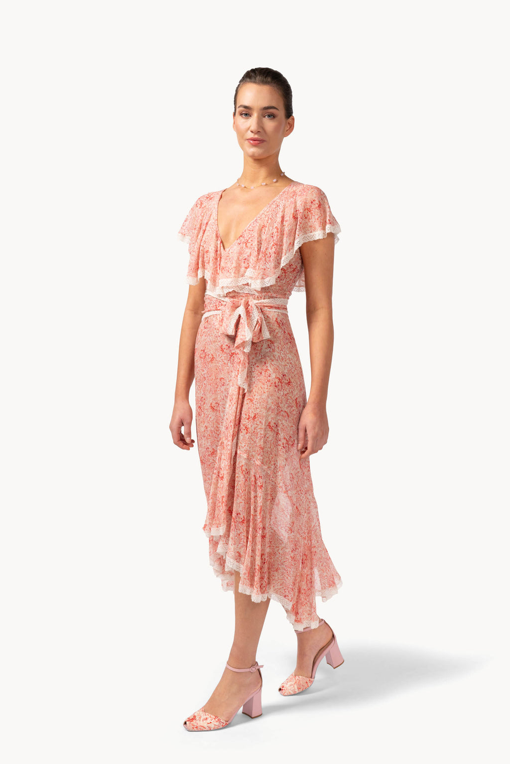 Abito avvolgente in chiffon stampato con rifiniture in pizzo