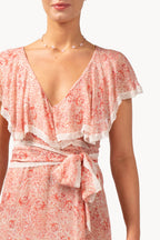 Abito avvolgente in chiffon stampato con rifiniture in pizzo