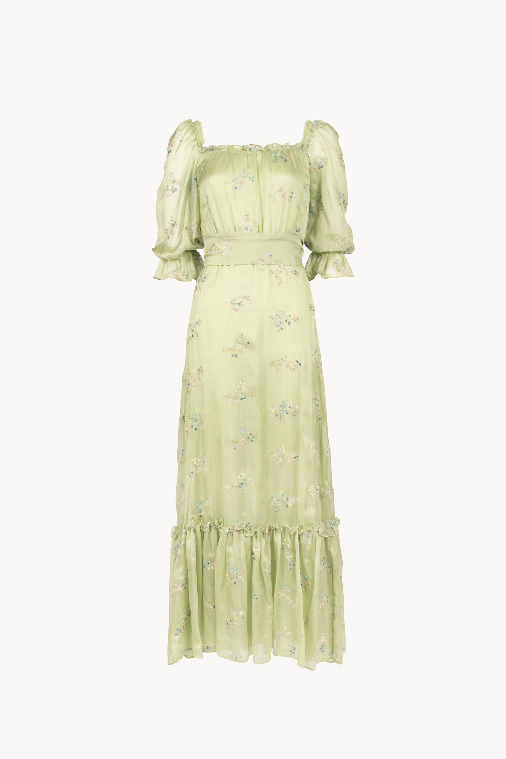 Abito in chiffon con volant ricamato a fiori e maniche a sbuffo