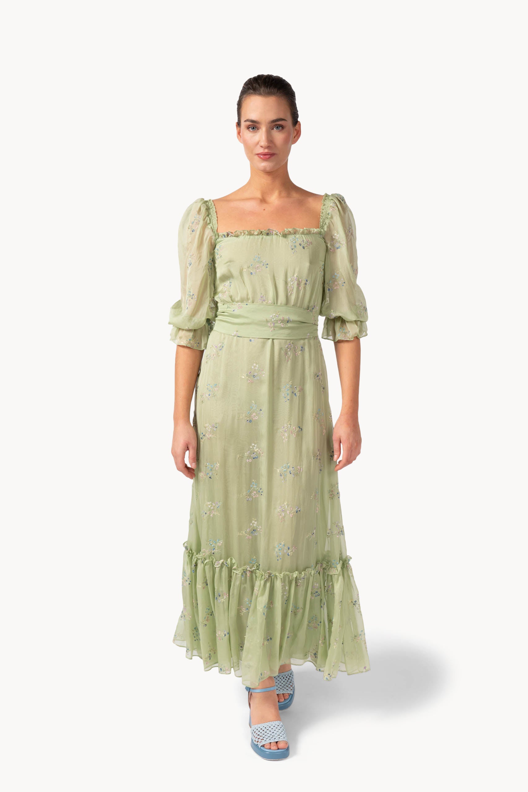 Flower Embroidered Flounced Chiffon Dress With Puff Sleeves 38