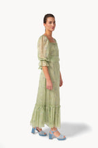 Abito in chiffon con volant ricamato a fiori e maniche a sbuffo